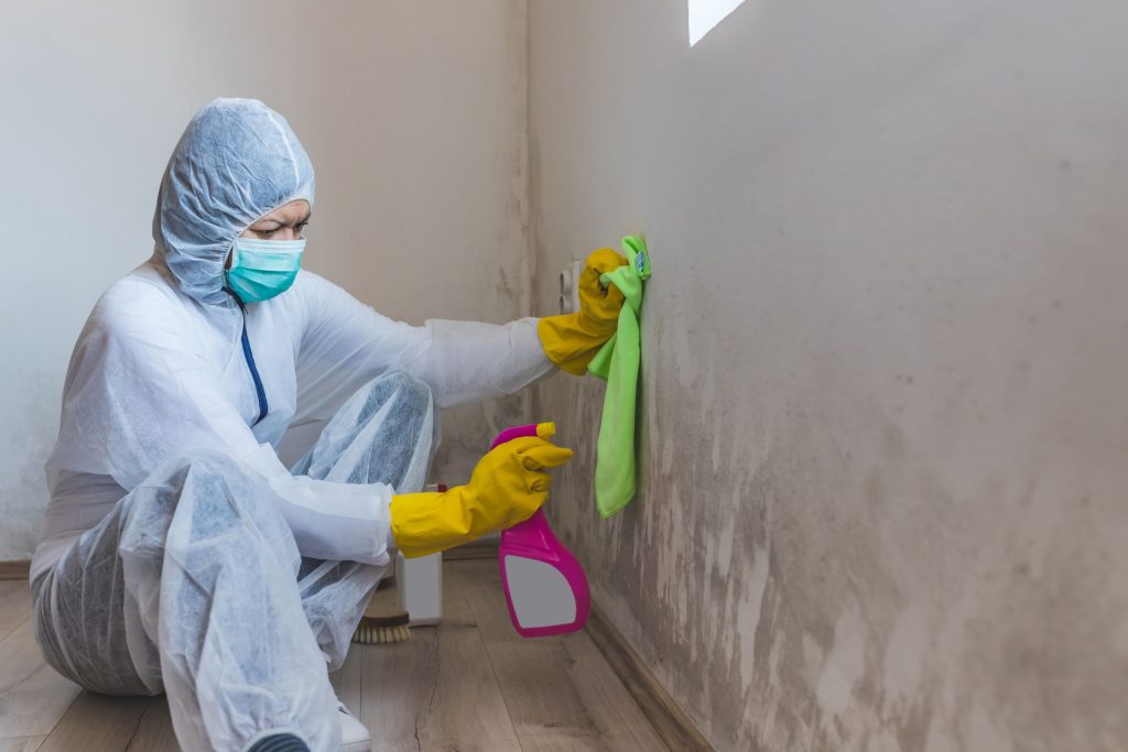 A man in a white suit and gloves cleans a wall, showcasing a bathroom mold removal service based in Fresno, CA.