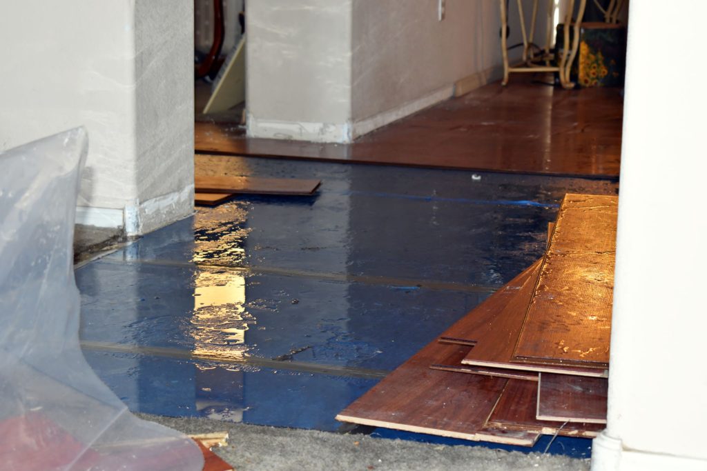 Interior view of a room with a wet wooden floor, highlighting water damage, associated with mold removal in Fresno, CA.