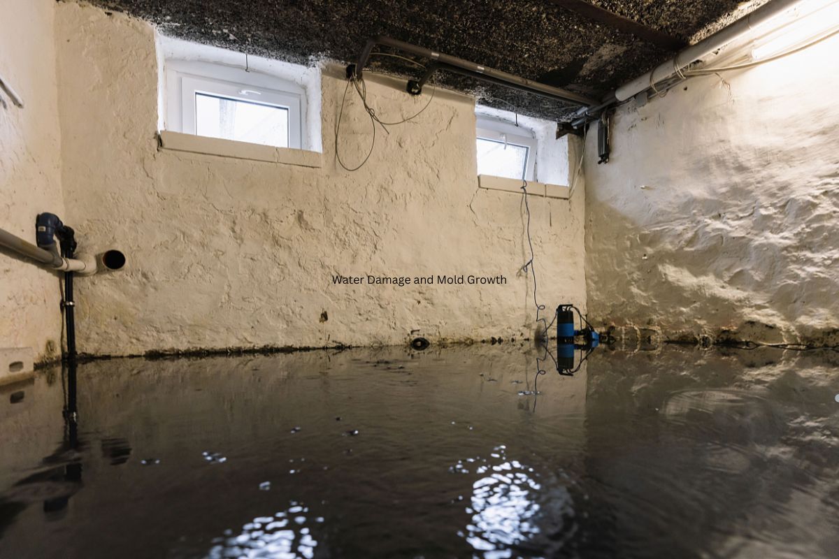 An image of a flooded basement with a window and a water pipe, illustrating the dangers of water damage and mold growth.